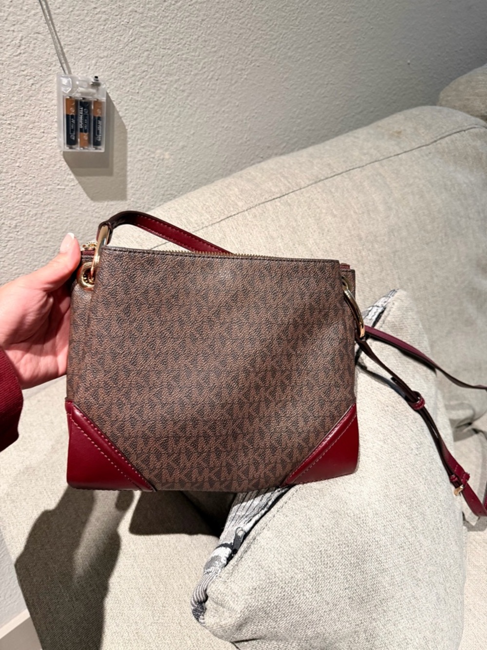 Michael Kors Brown Monogram Jet Set Logo Crossbody with Burgundy Accents - Picture 12 of 16